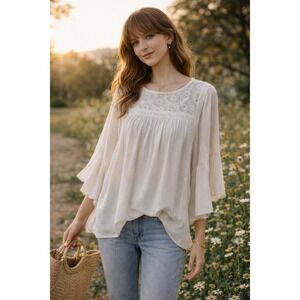 Boho Ivory‎ Embroidered Batwing Blouse | Cottagecore Romantic Peasant Top Wm's L